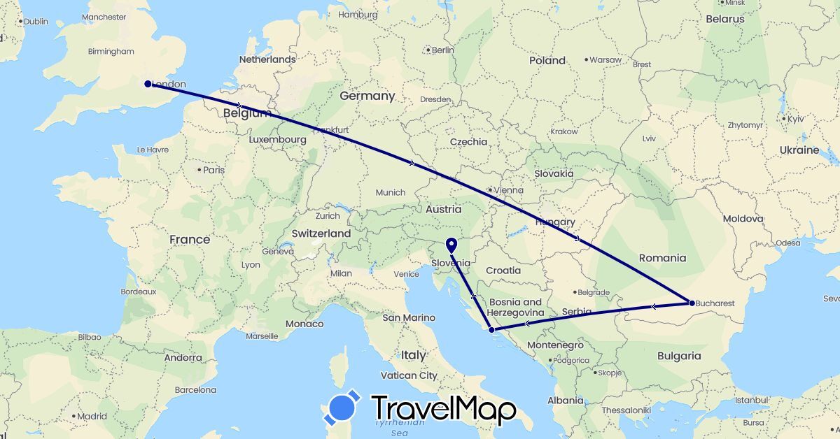 TravelMap itinerary: driving in United Kingdom, Croatia, Romania, Slovenia (Europe)